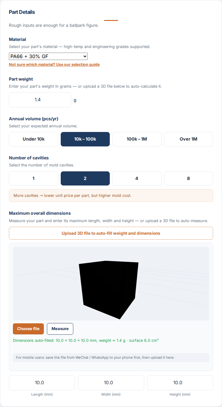 STEP file auto-measured in the estimator
